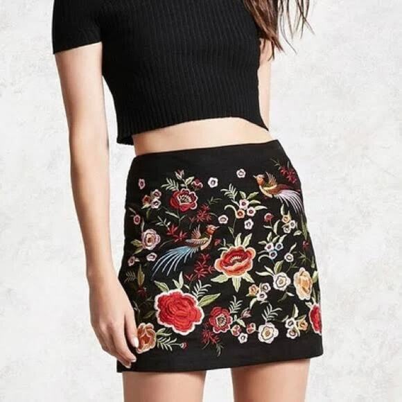 Forever 21 Dresses & Skirts - Forever 21 Floral Bird Embroidered Faux Suede Lined Mini Skirt MEDIUM